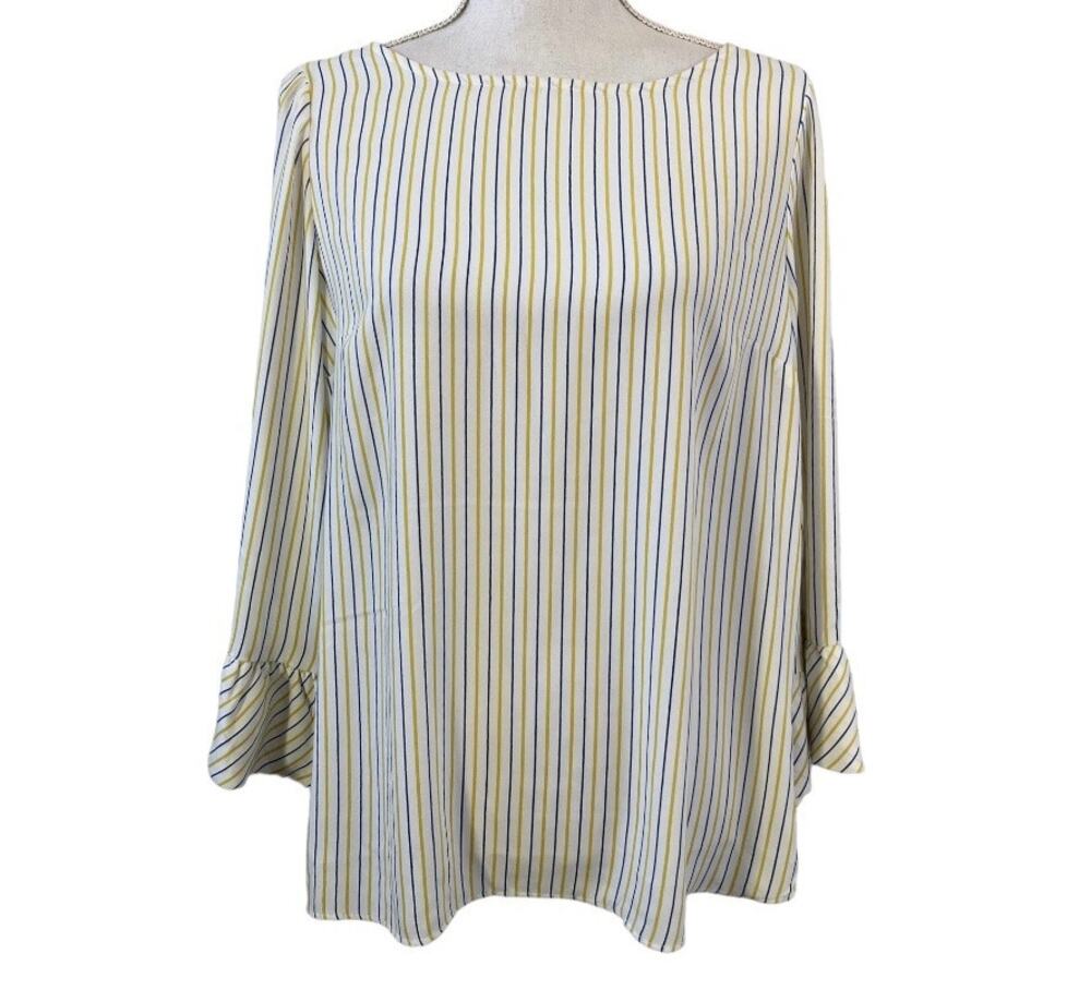 Carolina Belle Yellow Blue Pinstripe Blouse Medium